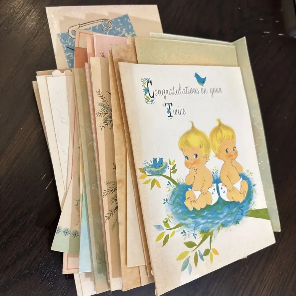 Vintage Lot of 47 Cards TWINS Birth & Christening Baby 1965 USED Greeting Crafts